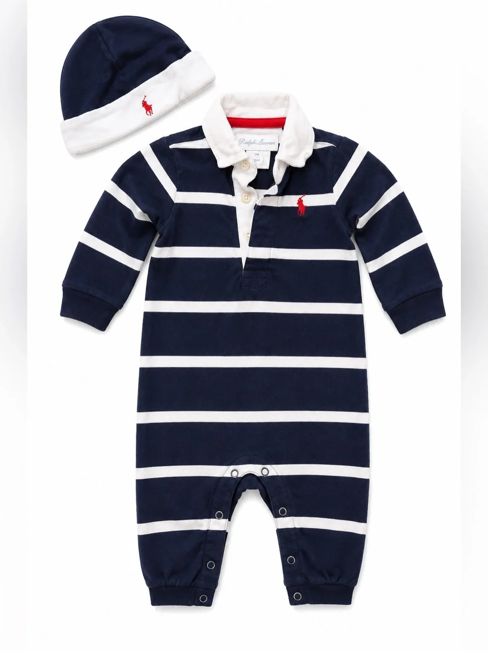 Ralph Lauren Baby Polo Rugby Striped Romper Hat Set 3M Navy White Cotton